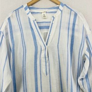 H & M Blue & White Striped Womens Linen Shirt - Lightweight Casual